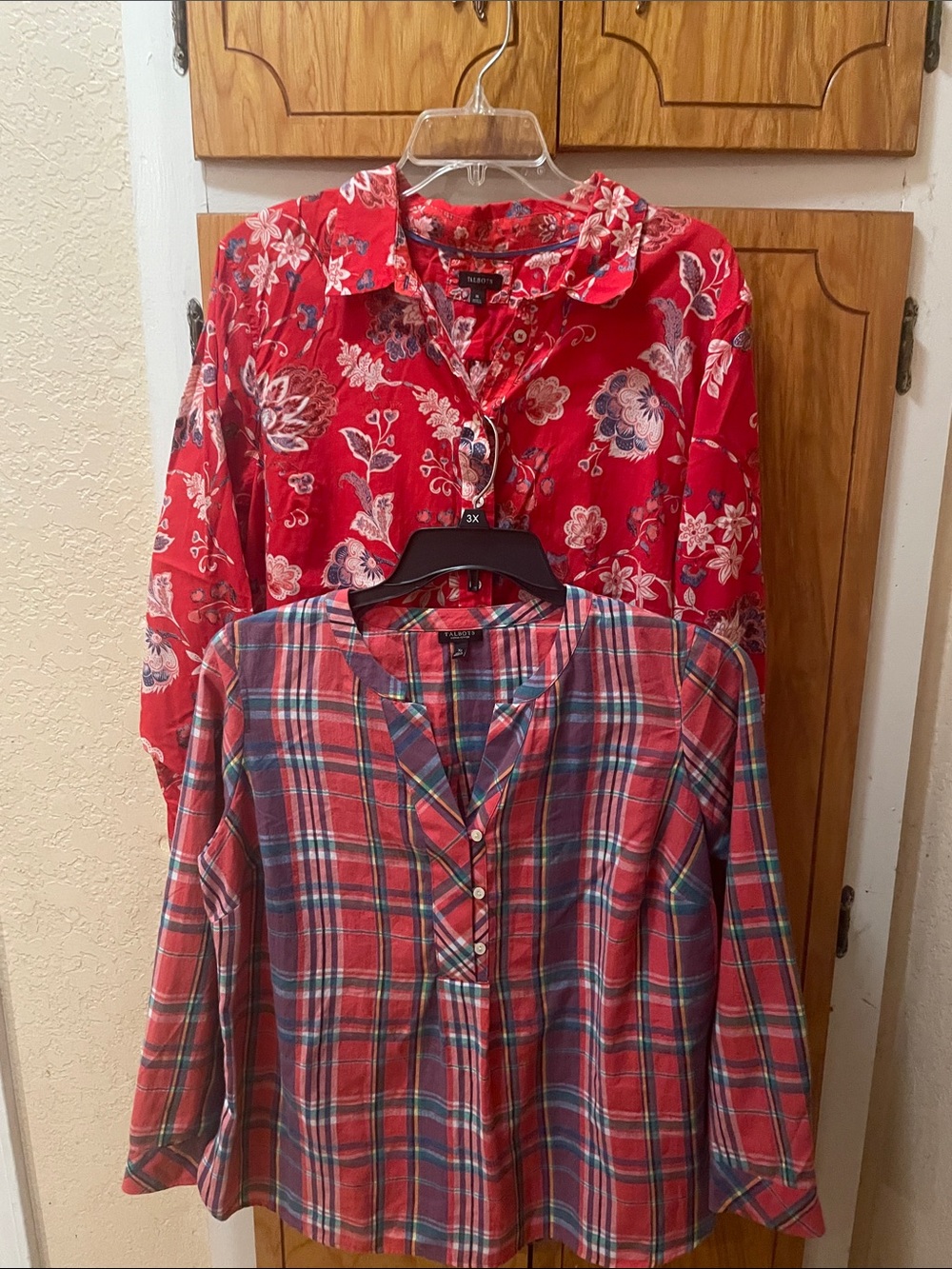 Bundle 2. Talbots Red Floral Button-Front Blouse & Red Plaid Pullover Top